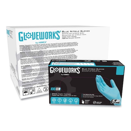 Gloveworks By Ammex Disposable Gloves, 5 mil Palm, Nitrile, Powder-Free, M, 1000 PK, Blue INPF44100